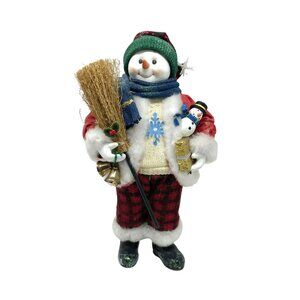 Smiling SNOWMAN with Broom and Bell CHRISTMAS Decor Holidays Xmas